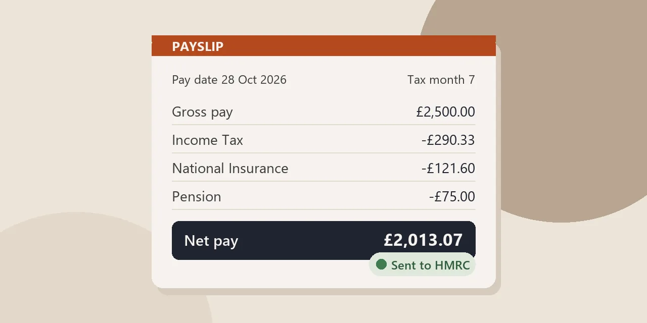 A payslip showing gross pay, tax, National Insurance and net pay.