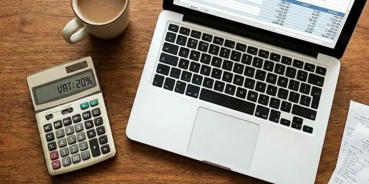 A desk with a calculator and financial documents for VAT returns.